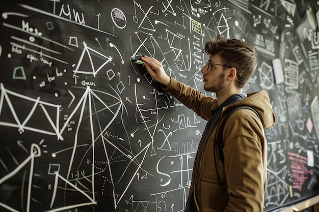 Photo math teacher explaining equations on a blackboard surrounded by geometric shapes and numbers