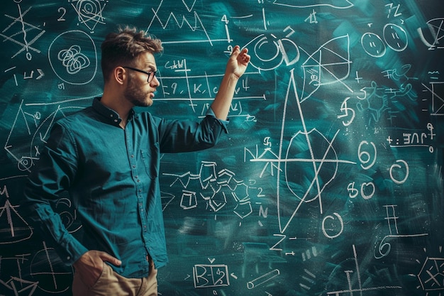 Photo math teacher explaining equations on a blackboard surrounded by geometric shapes and numbers