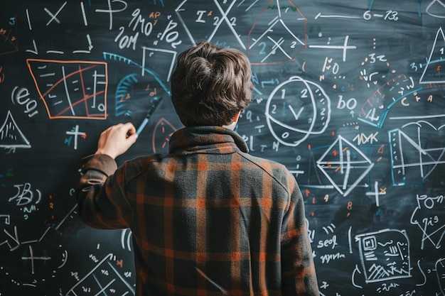 Photo math teacher explaining equations on a blackboard surrounded by geometric shapes and numbers