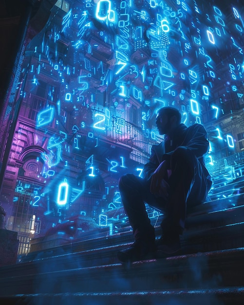 A mathematician surrounded by floating 3D numbers that glow like neon signs 3DCG