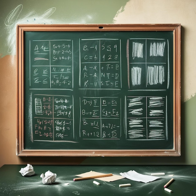 Photo maths formulas written by white chalk on the blackboard background