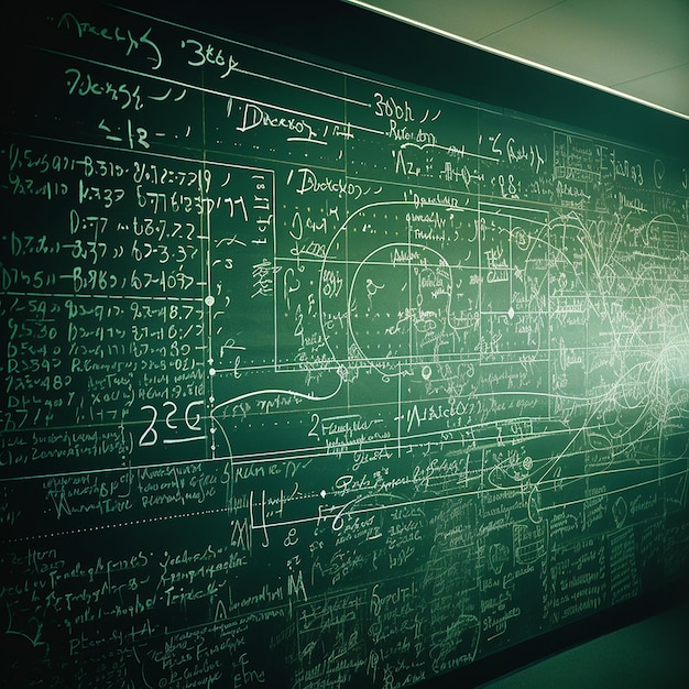 Maths formulas written by white chalk on the green chalkboard