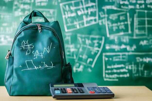 Photo maththemed green backpack with calculator on classroom background