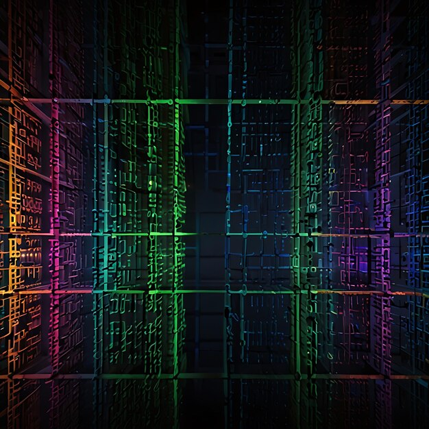 Photo matrix of glowing colorful grids suspended in dark cosmic space creating a mesmerizing futuristic