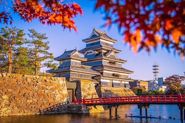 Matsumoto Castle with maple leaves in autumn in Nagano, Japan