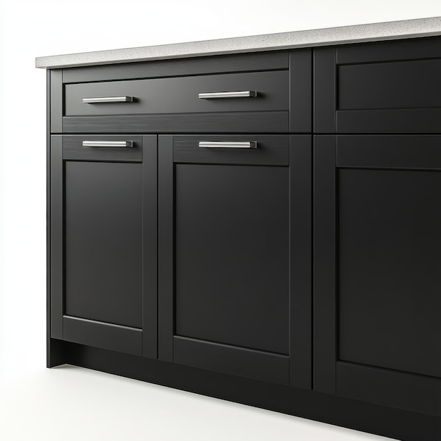 Photo matte black minimalist ikea kitchen cabinet with silver handles isolated on white