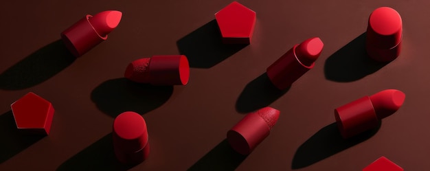 Photo matte red lipsticks arranged on a dark background with shadows