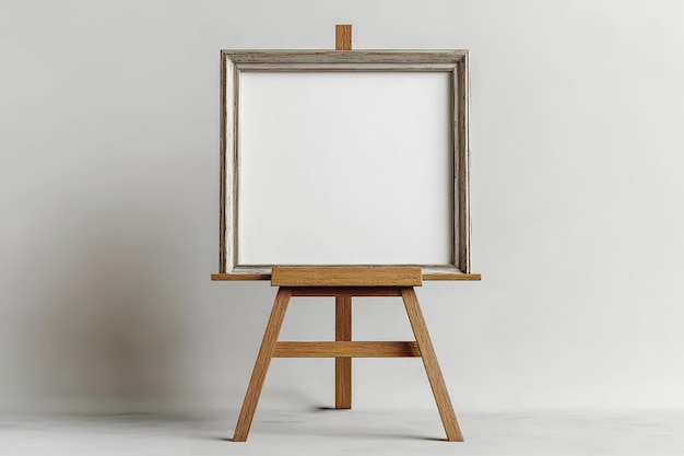 Photo a matte silver frame mockup standing on a small wooden easel