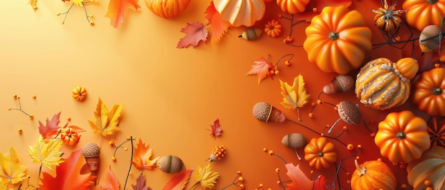 Matte surface with 3D acorns and pumpkins vibrant colors copy space