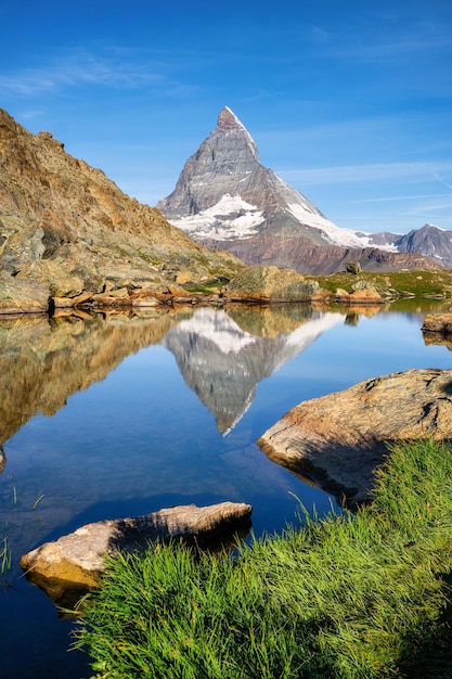 Matterhorn and reflection on the water surface at the morning time Beautiful natural landscape in the Switzerland