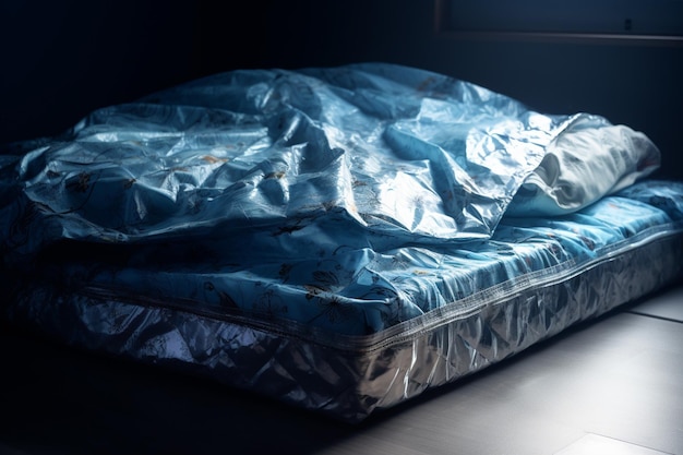 A mattress covered in plastic sits on a dark floor.