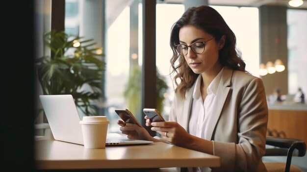 Mature adult business woman inside office at workplace received online notification message with bad