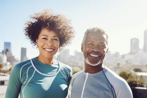 Mature African American couple in sports outfits looking at camera with energetic cheerful smile Happy loving man and woman jogging or exercising outdoors Healthy lifestyle in urban environment