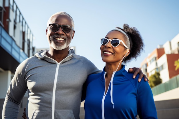 Mature african american couple in sports outfits looking at camera with energetic cheerful smile