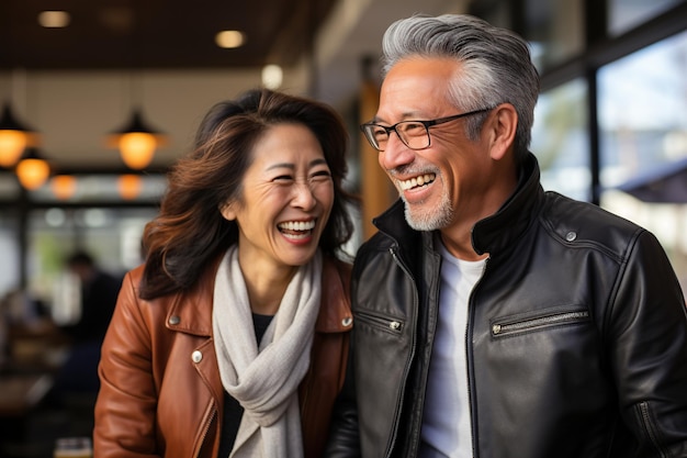 Mature asian couple celebrate at coffee bar Generative AI