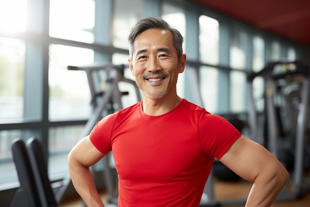 Mature Asian gym trainer in red tank top with excited expression