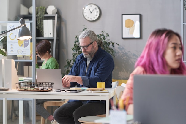 Mature bearded businessman sitting at the table and working on laptop with other people working at office