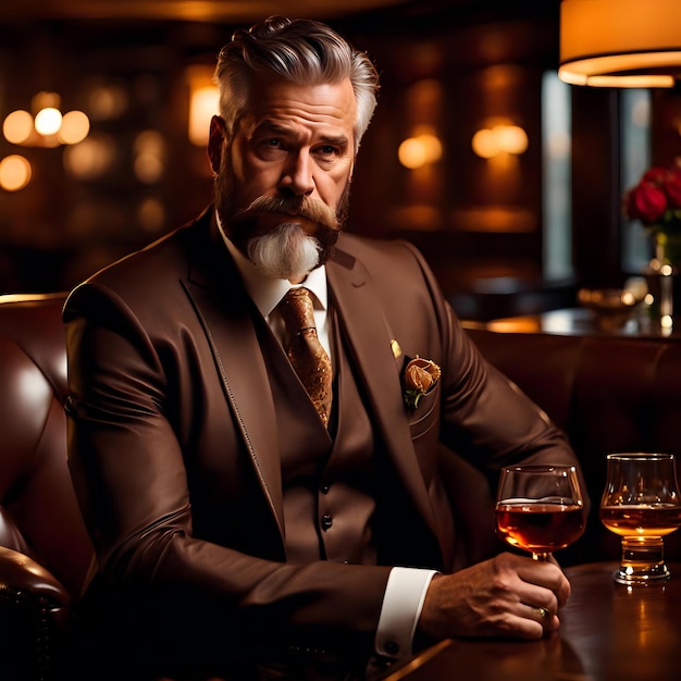 Photo mature bearded man embodying luxury and class with whisky glass