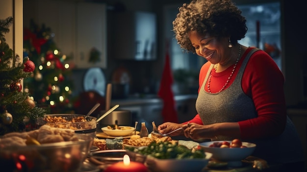 a mature black woman is engaged preparing food In a kitchen on christmas copy space