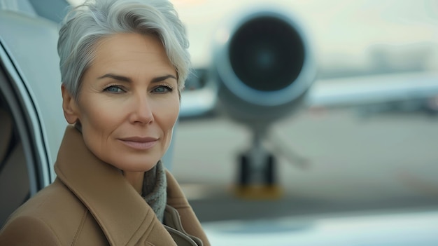 Photo mature business woman in coat near her jet in airport generative ai