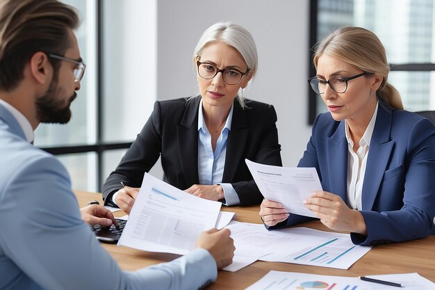 Photo mature business woman manager discussing documents looking at partner consulting client at office meeting two professional accountants holding tax papers working together legal consultancy concept