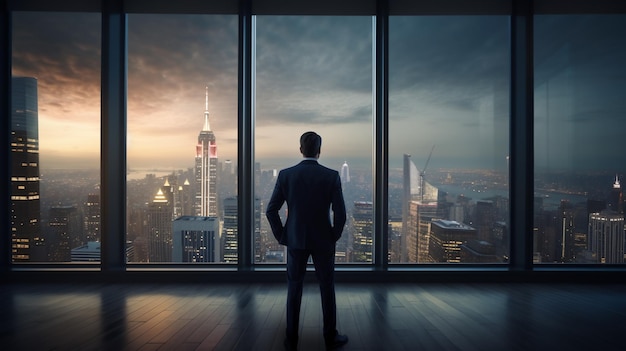 Mature businessman in formal suites standing at the big windows in office building Man looking at city in the evening Concept of success and appreciation Rear view city panorama Generative AI