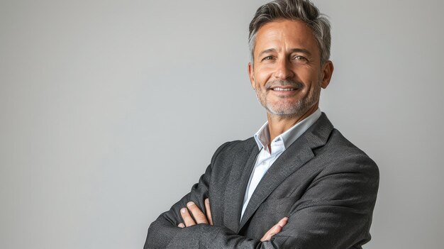 Mature businessman in a grey suit smiling confidently with arms crossed standing against a plain background