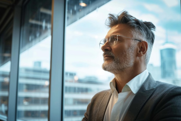 Photo mature businessman looking out of window mature businessman looking out of window