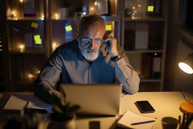 Photo mature businessman trying to meet deadline during late night work high angle view of mature business