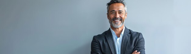 A mature businessman with a confident smile wearing a suit standing with arms crossed against a gray background