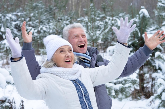 Mature couple happy together posing outdoors in winter