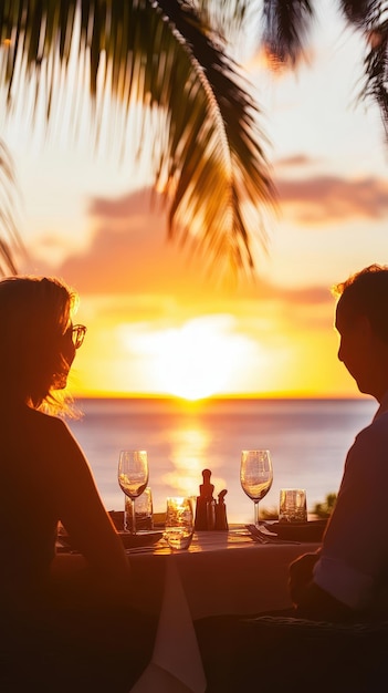 Photo a mature couple shares a relaxed dinner while watching the sunset over the ocean