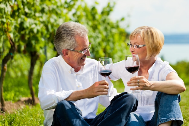 Mature couple sitting in the nature clinking wine glasses 