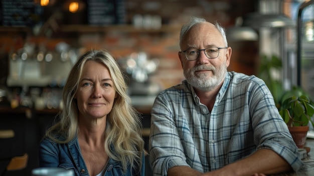 Mature couple smiling in a cozy cafe setting