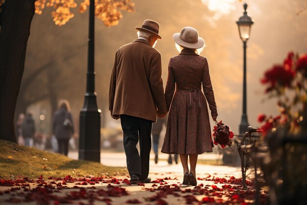 Mature Couple Traveling Walking in autumn park