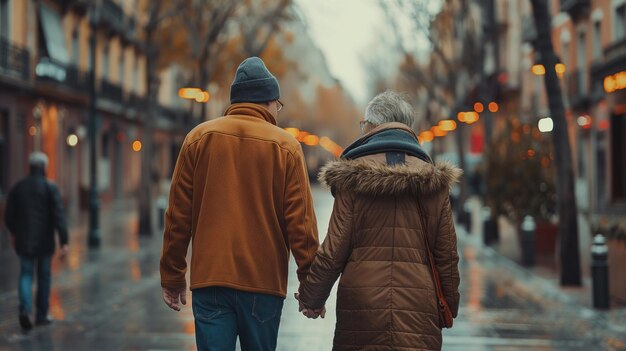 mature couple walking in autumn day Elderly couple walking hand in hand down the street