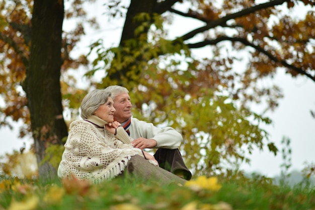 Mature couple walking in the autumn park