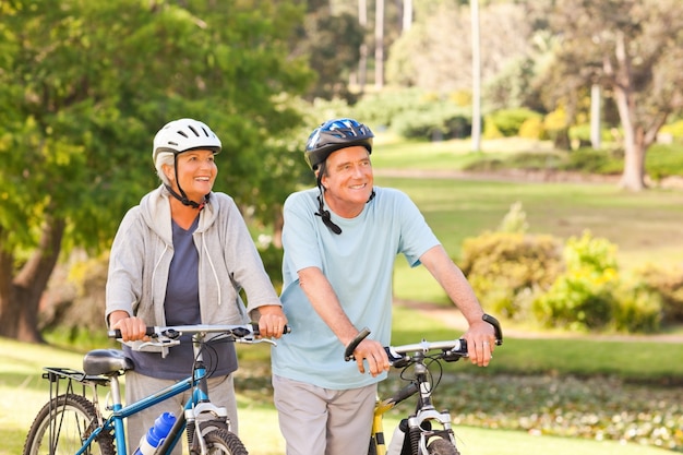 Mature couple with their bikes