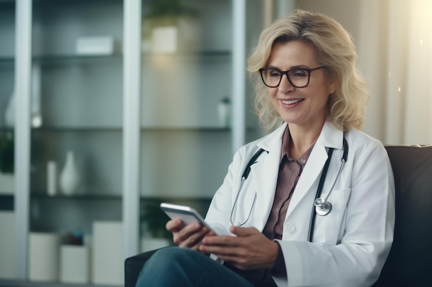 Mature doctor in a white lab coat using a smartphone while sitting in her office