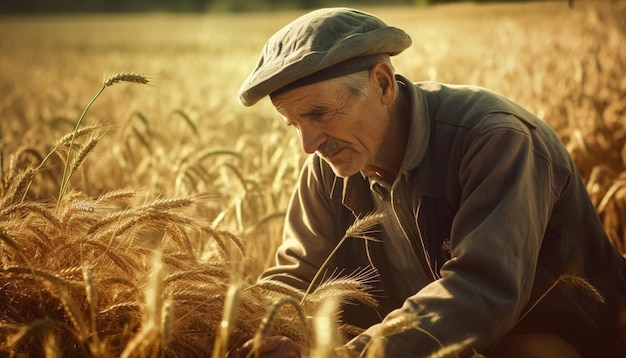 Mature farmer holding ripe wheat smiling happily generated by AI