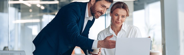 Mature female boss discussing online project with employee