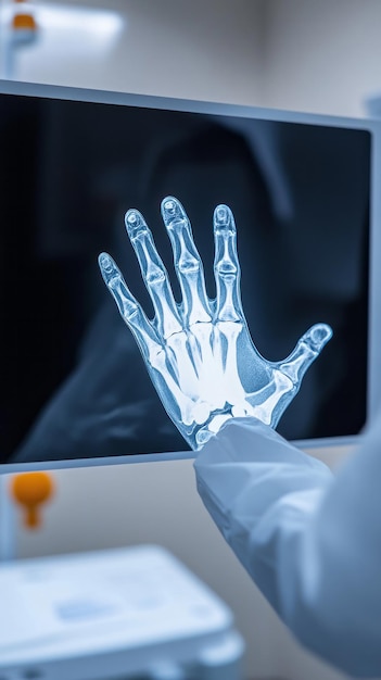 Photo mature female patient and medical technician during hand xray exam at clinic doctor examination