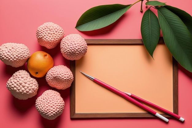 Mature lychee Top down copy space with exotic Asian fruits on a pink desk