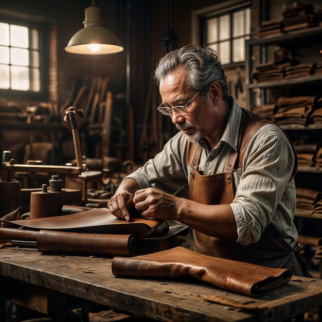 mature male craftsman working with leather