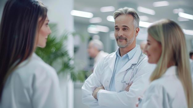 Mature male doctor in conversation with female medical staff in a bright hospital setting