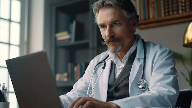 Mature male doctor in white coat using laptop in office with bookshelf background