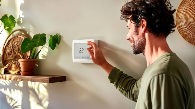 Mature Man Adjusting Digital Thermostat at EcoFriendly Home