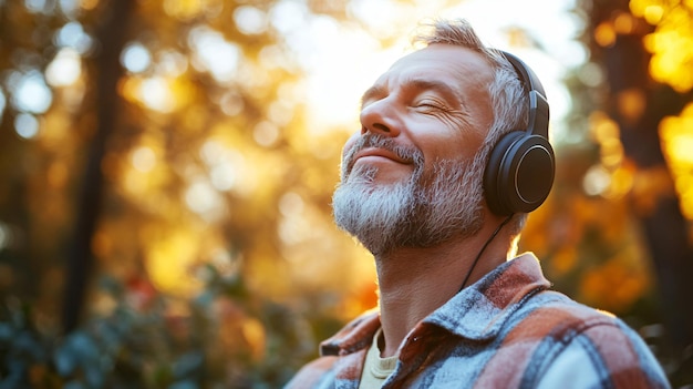 Photo mature man enjoying music outdoors with headphones