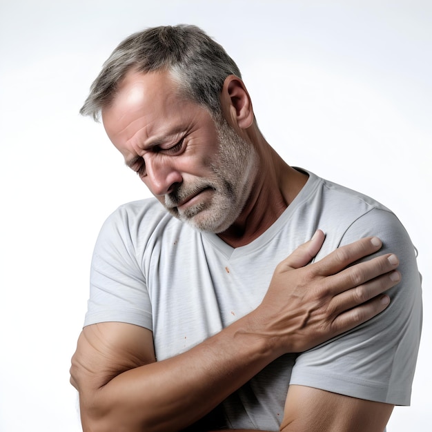 Photo mature man experiencing shoulder pain on white background