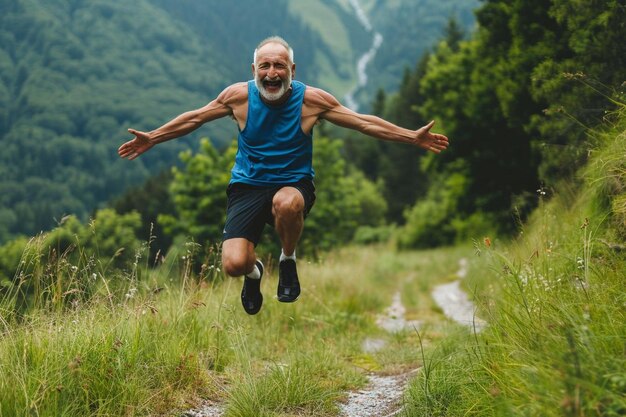 Photo mature man looking at camera while jumping on footpath